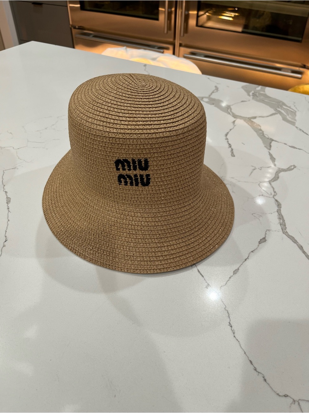Miu camel Woven Bucket Hat with Black Logo